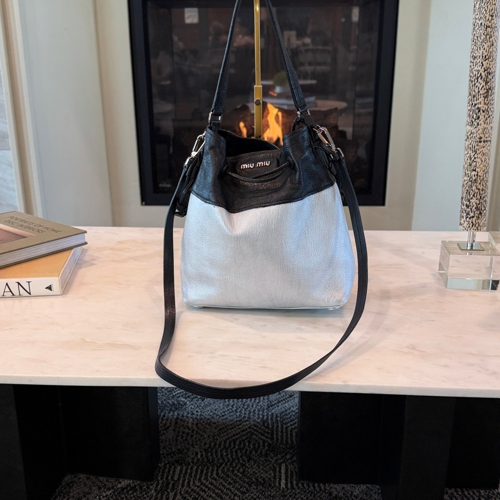 Miu Miu Two-Tone Silver and Black Pebbled Leather Shoulder Bag